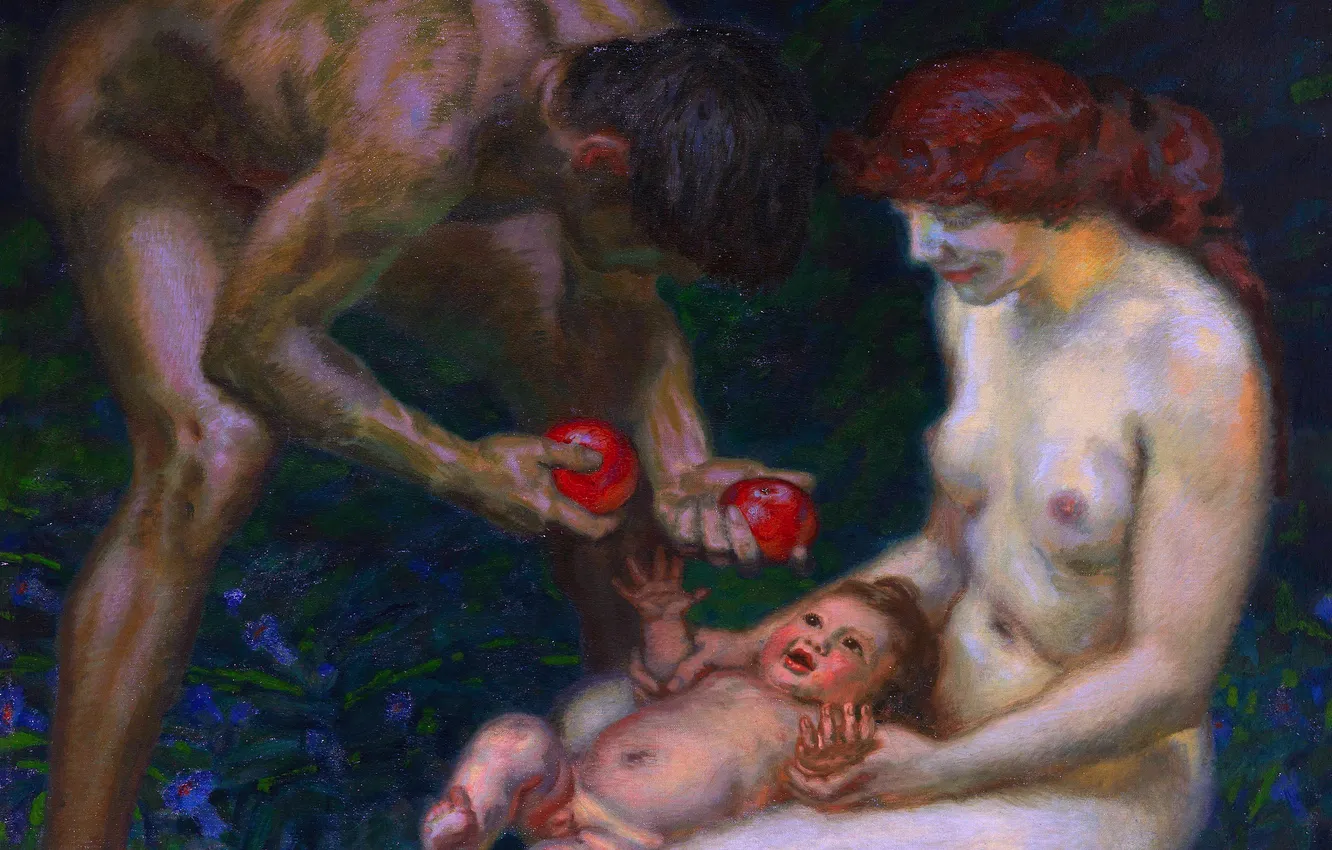 Photo wallpaper Picture, Apples, Three, Baby, Franz von Pieces, Franz von Stuck, Adam and Eve, German artist
