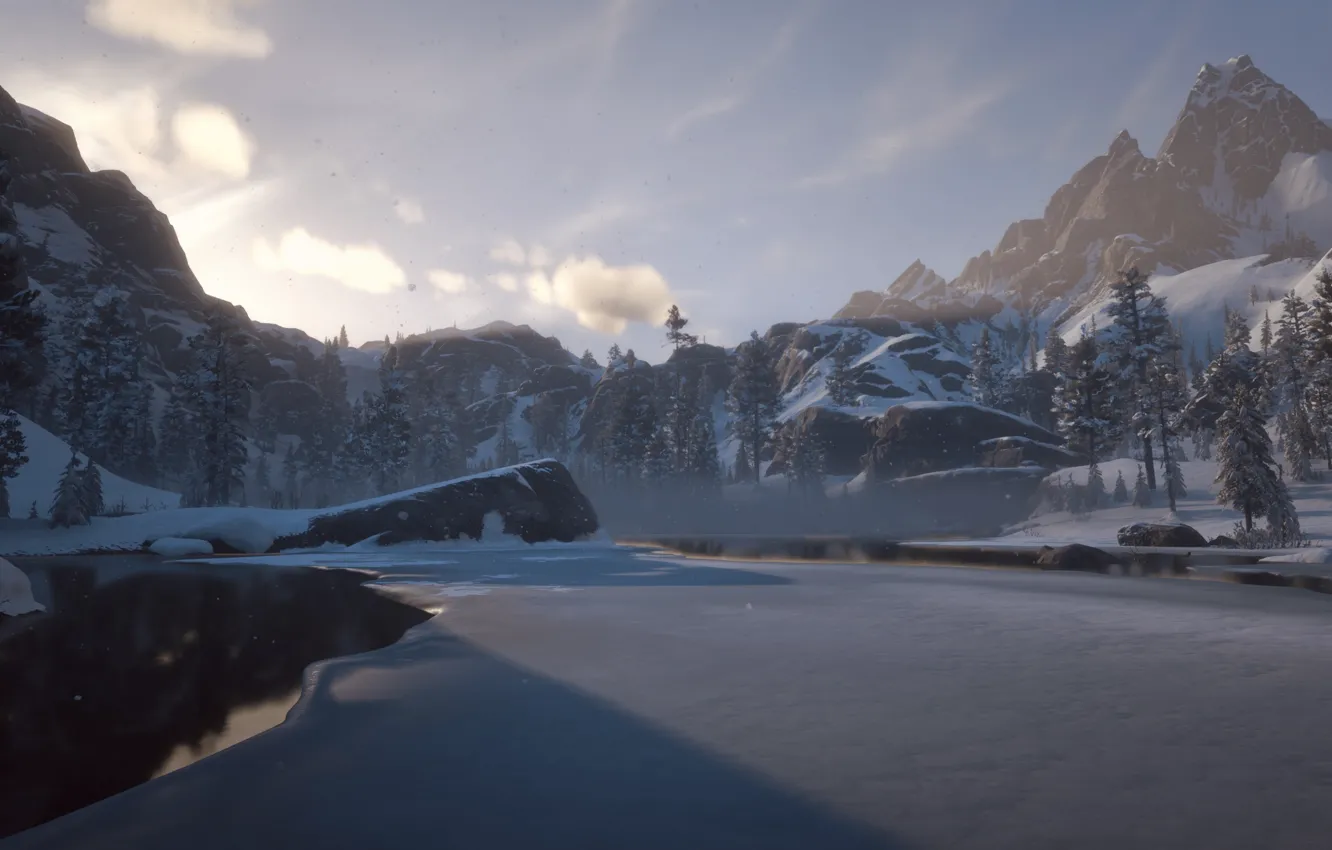 Photo wallpaper HDR, ice, game, trees, sea, water, winter, clouds