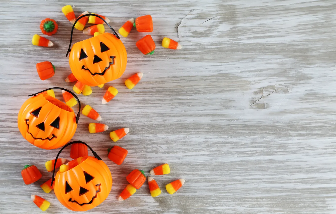 Photo wallpaper Halloween, wood, floor, pumpkins