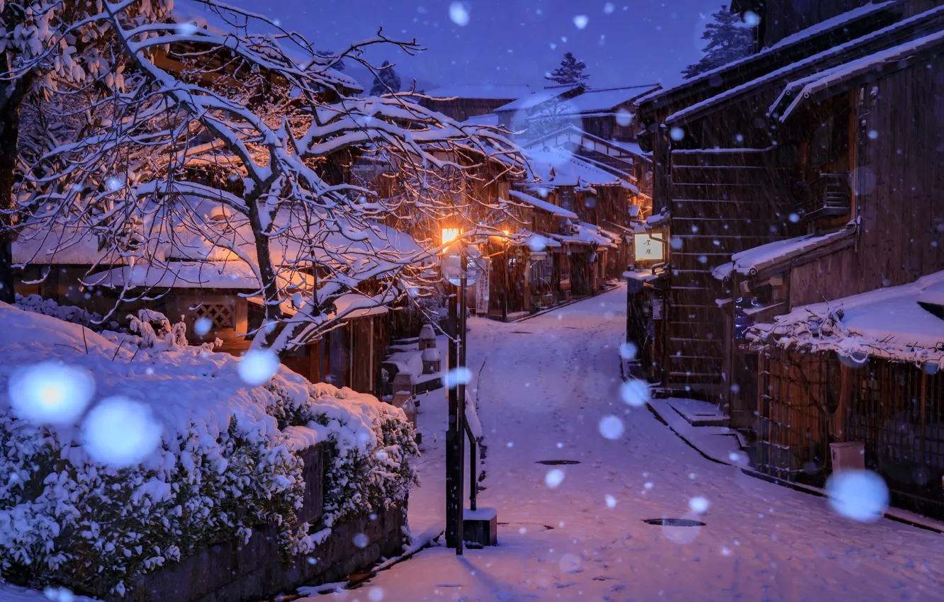 Photo wallpaper winter, snow, snowflakes, lights, street, home, the evening, Japan