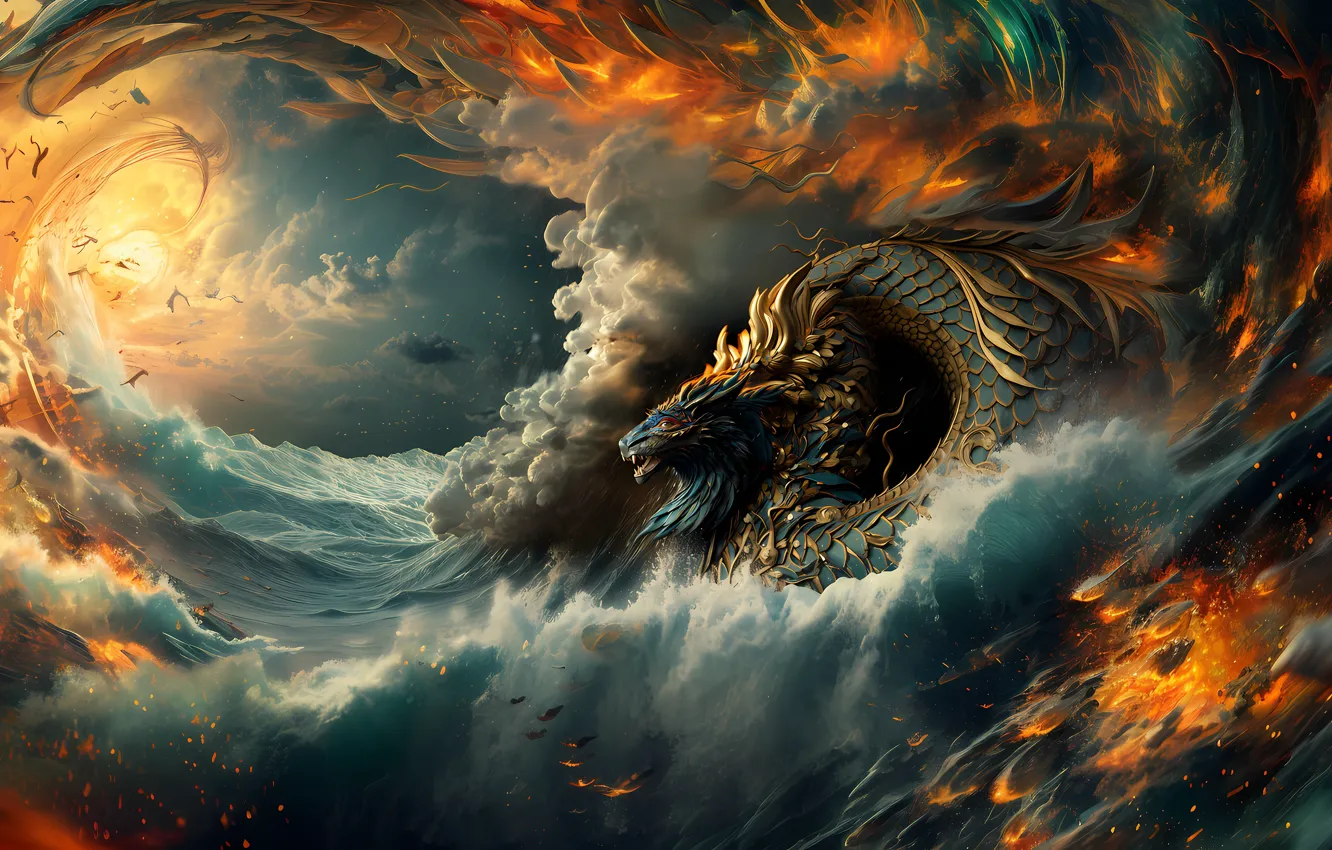 Photo wallpaper sea, wave, face, storm, lights, the ocean, flame, dragon