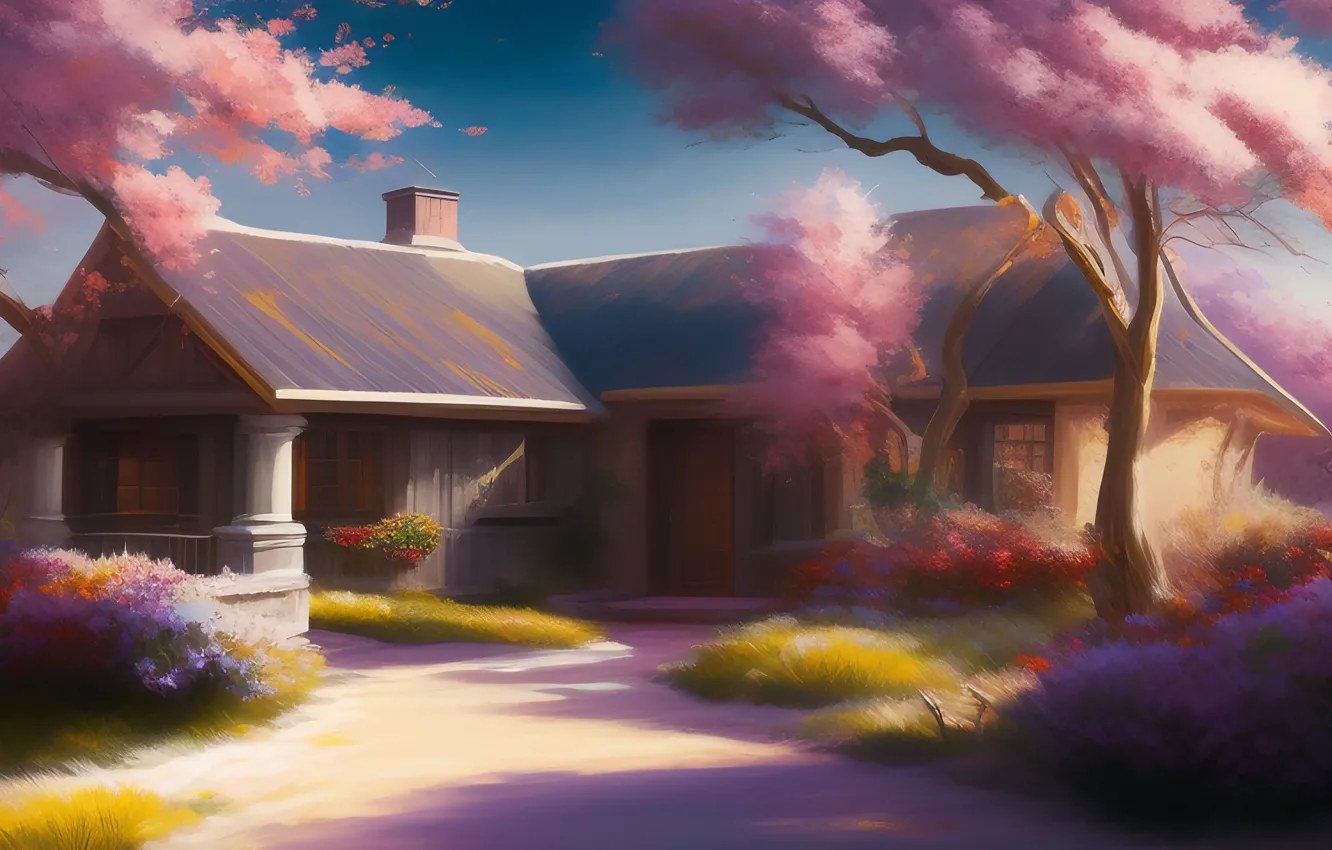 Photo wallpaper light, trees, flowers, home, spring, flowerbed, flowering, patio