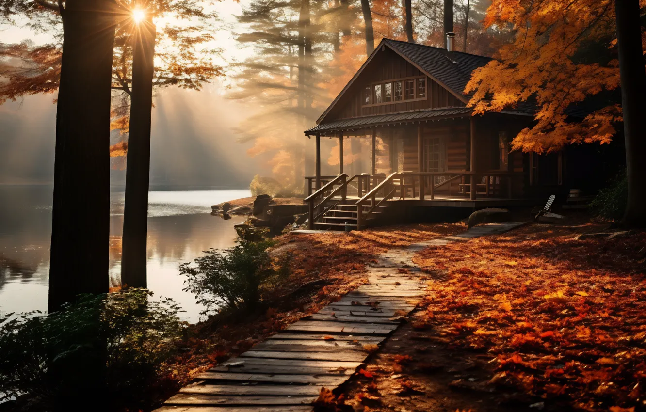 Photo wallpaper autumn, forest, the sun, light, trees, fog, house, Park