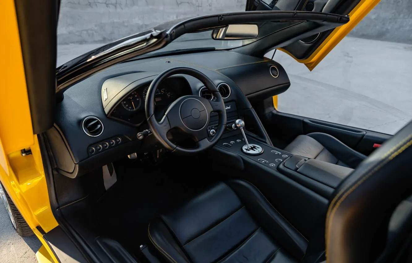 Photo wallpaper Lamborghini, the wheel, Murcielago, torpedo, the interior of the car, car interior, Lamborghini Murcielago Roadster