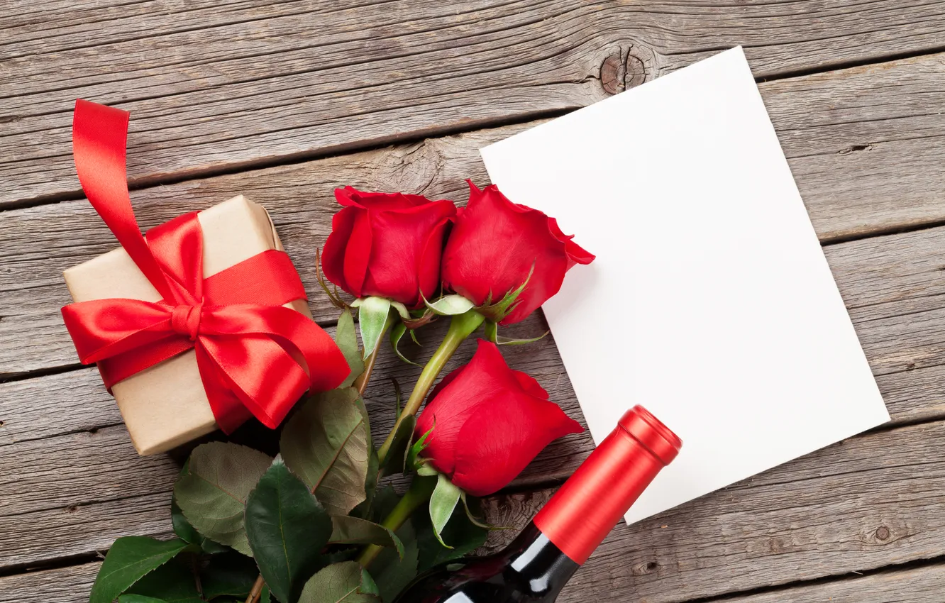 Photo wallpaper love, flowers, gift, wine, romance, roses, love, Valentine's day
