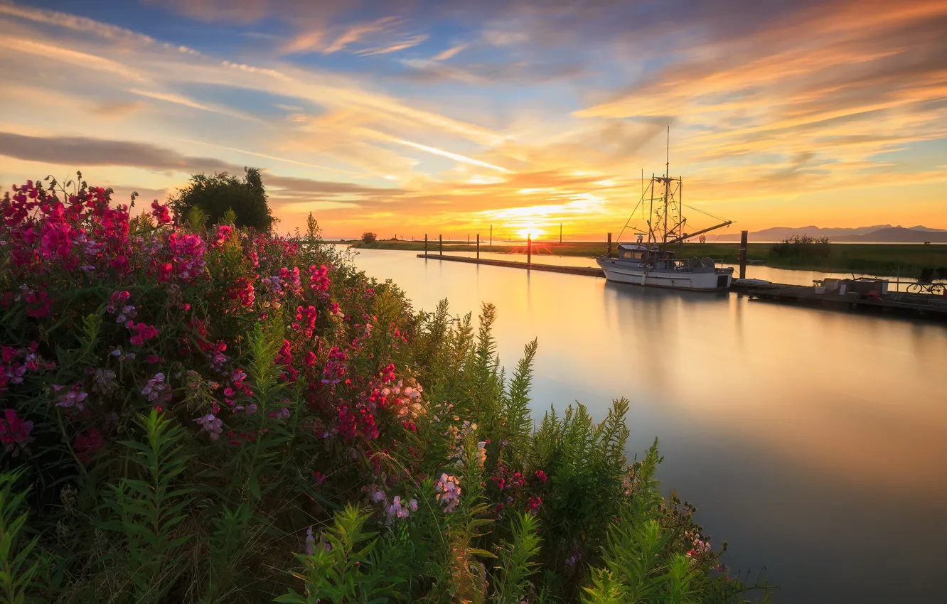 Photo wallpaper sunset, flowers, shore, boat, boat, boats