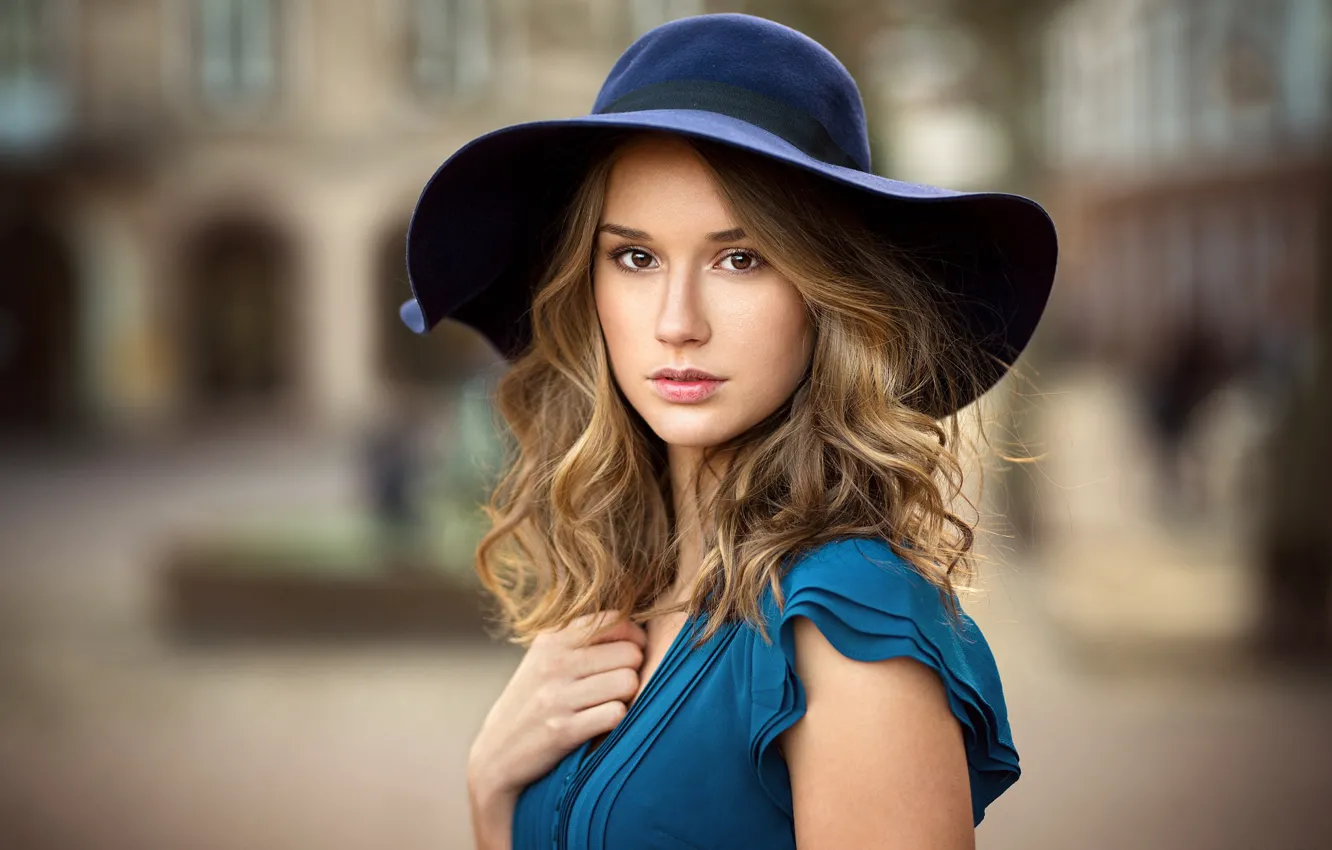 Photo wallpaper girl, background, model, portrait, hat, makeup, dress, hairstyle