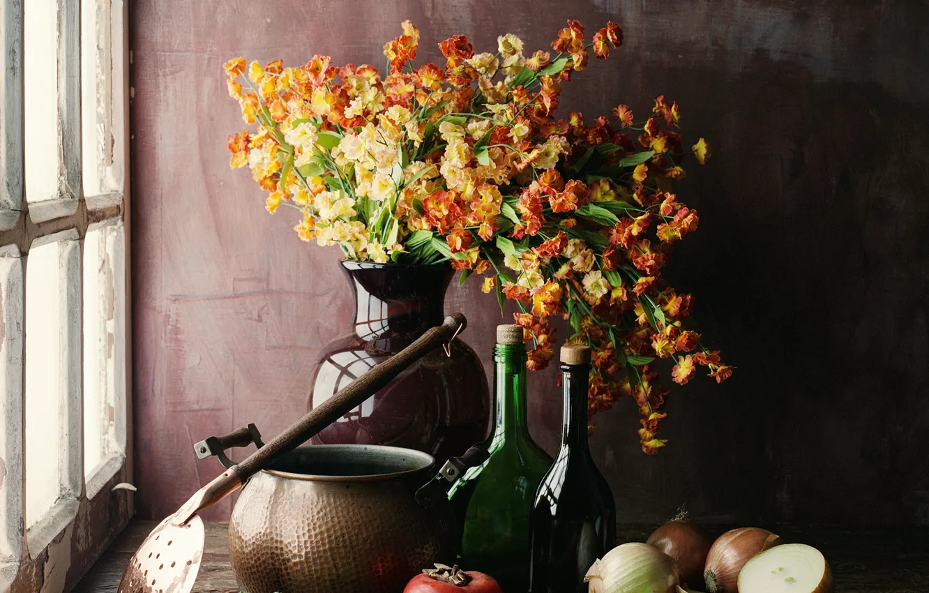Photo wallpaper flowers, bow, still life