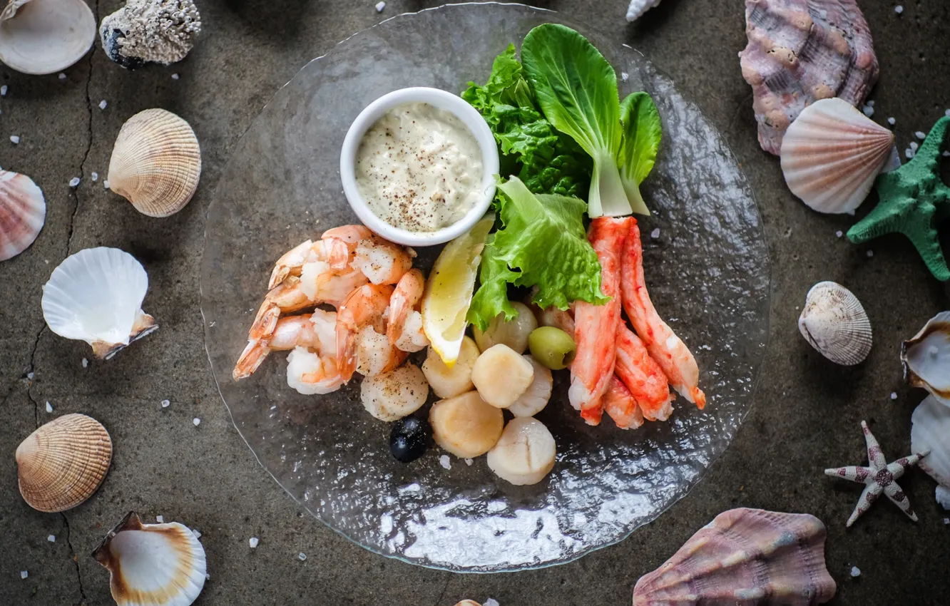 Photo wallpaper scallop, shell, sauce, shrimp