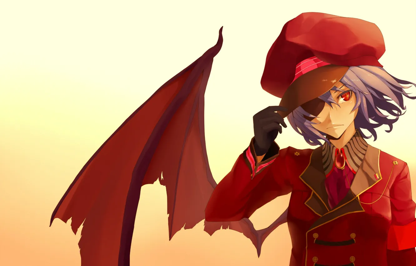 Photo wallpaper red eyes, cap, touhou, military uniform, eye patch, vampire, black wings, Touhou Project