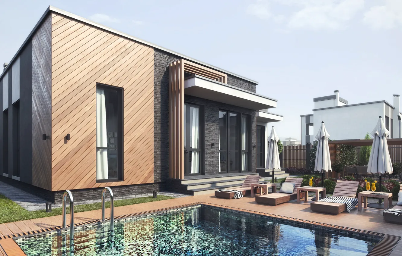 Photo wallpaper umbrella, pool, structure, sunbeds, Сottage village