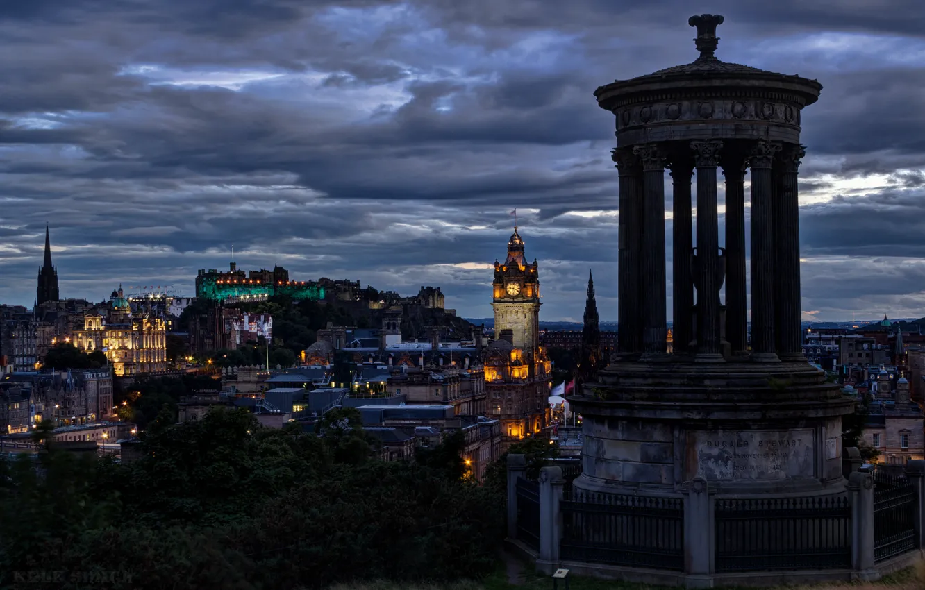 Photo wallpaper the sky, clouds, the city, the evening, Scotland, lighting, UK, architecture