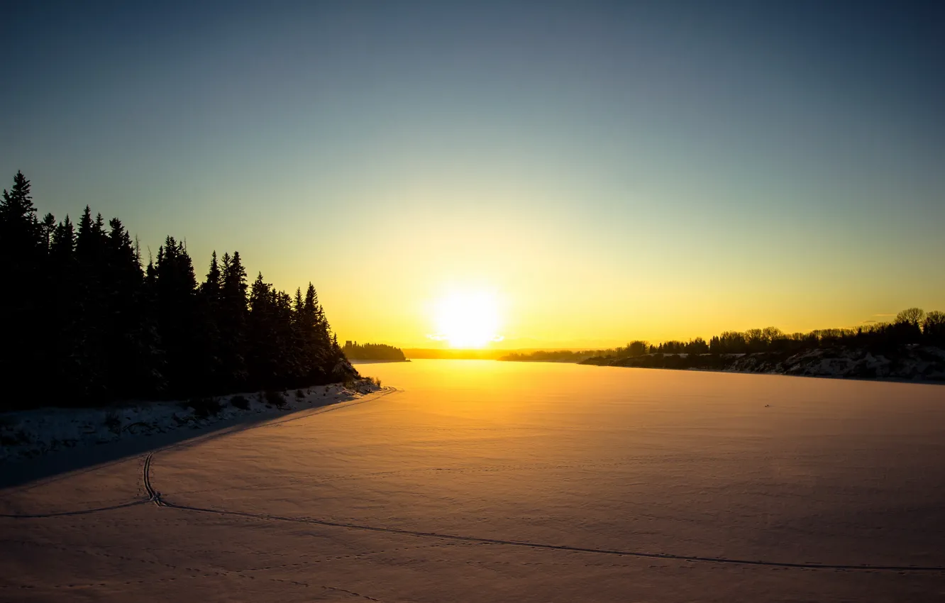 Photo wallpaper winter, field, sunset