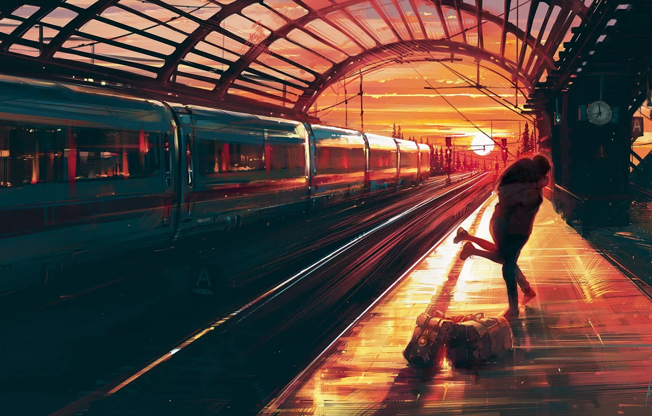 Photo wallpaper joy, sunset, watch, meeting, station, train, cars, hugs