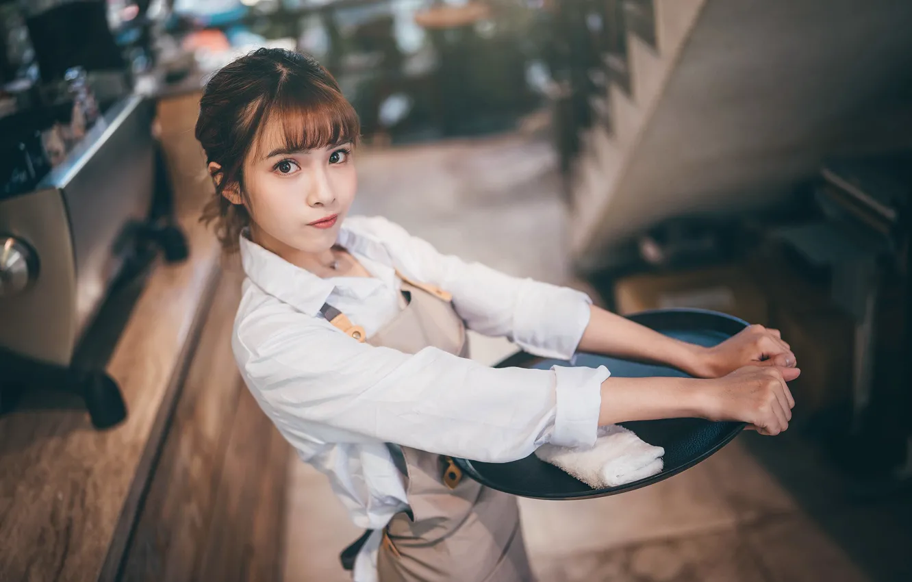 Photo wallpaper girl, photo, model, lips, brunette, asian, tray, shirt