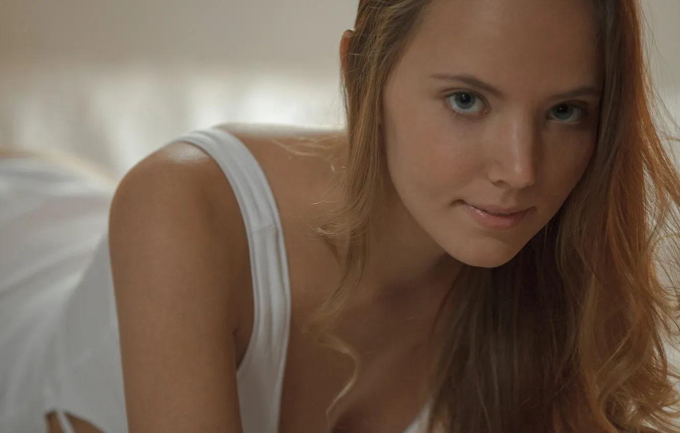 Photo wallpaper look, girl, smile, blonde, curls, gray-eyed