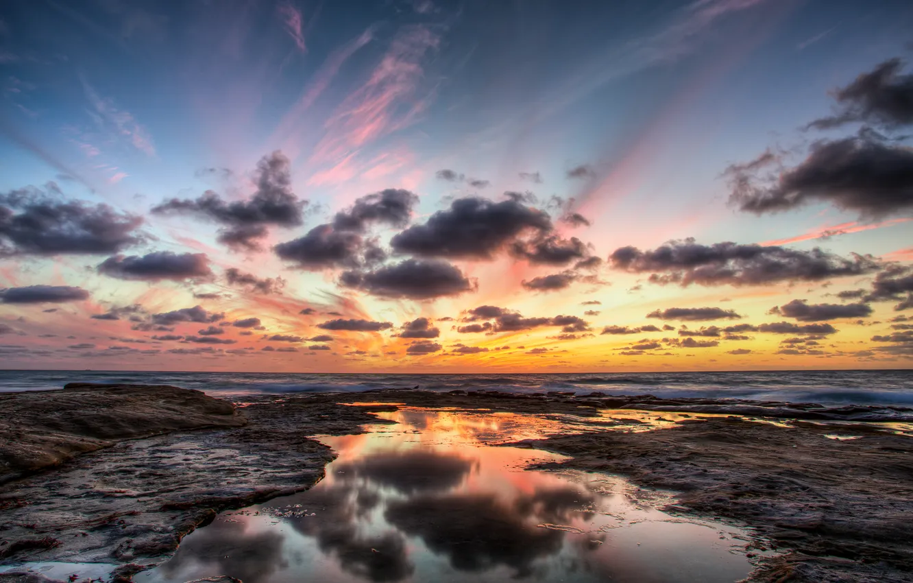 Photo wallpaper sea, the sky, clouds, landscape, sunset, nature