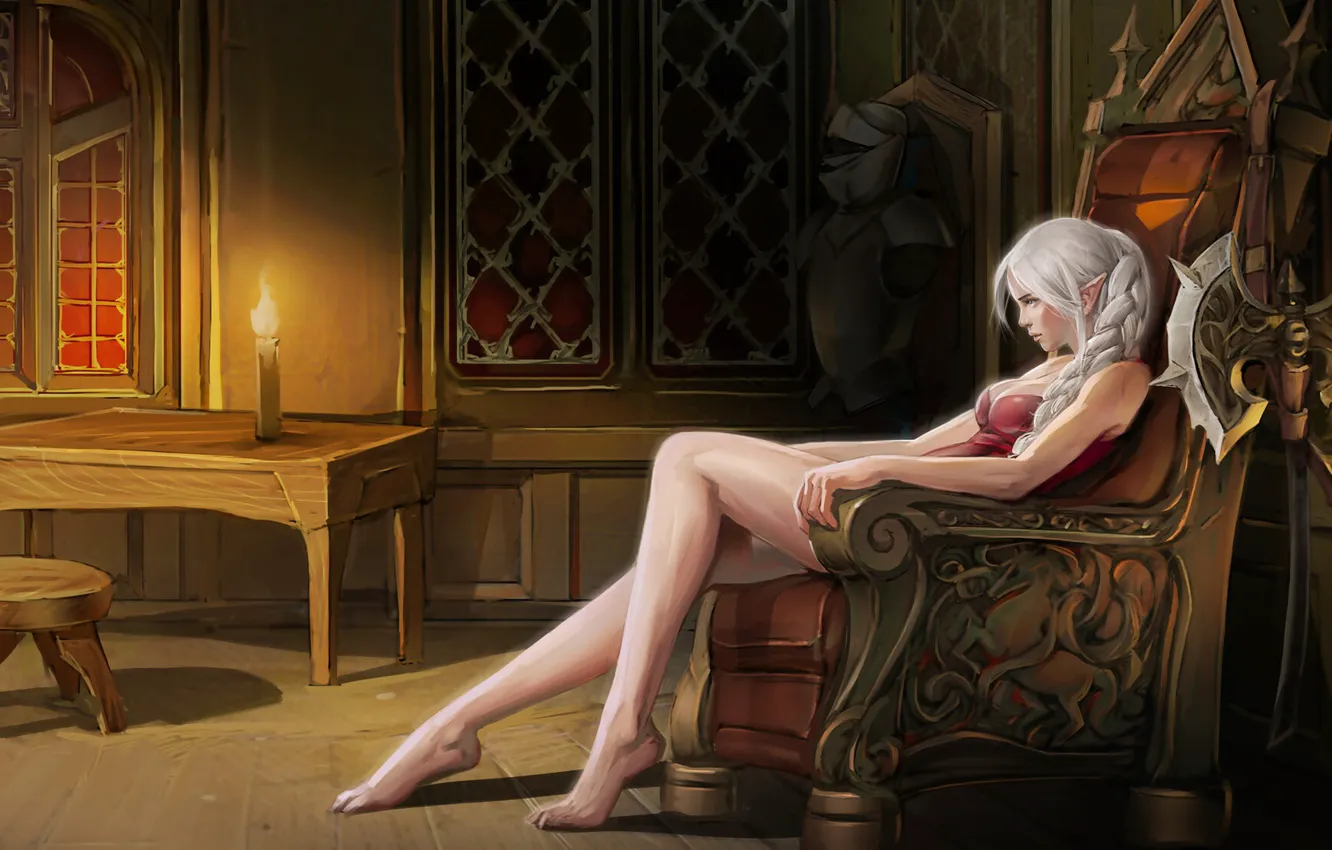 Photo wallpaper Girl, Candle, Room, Elf, Fantasy, Elf, Fiction, The throne