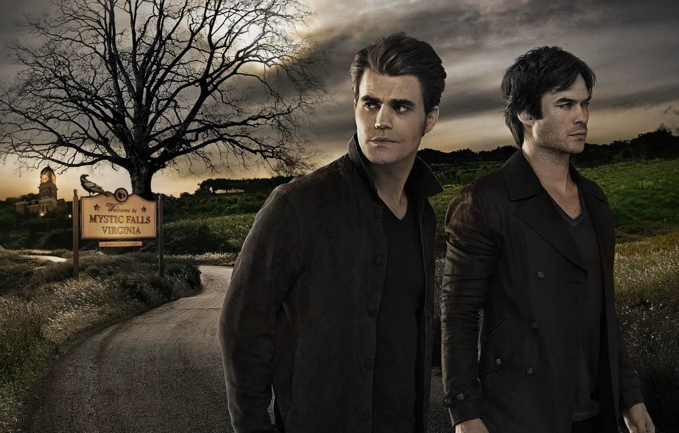 Photo wallpaper city, house, The Vampire Diaries, field, crow, Ian Somerhalder, tree, The