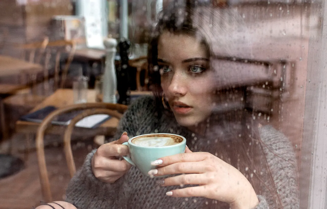 Photo wallpaper Girl, rain, long hair, blue eyes, model, cup, mood, water drops