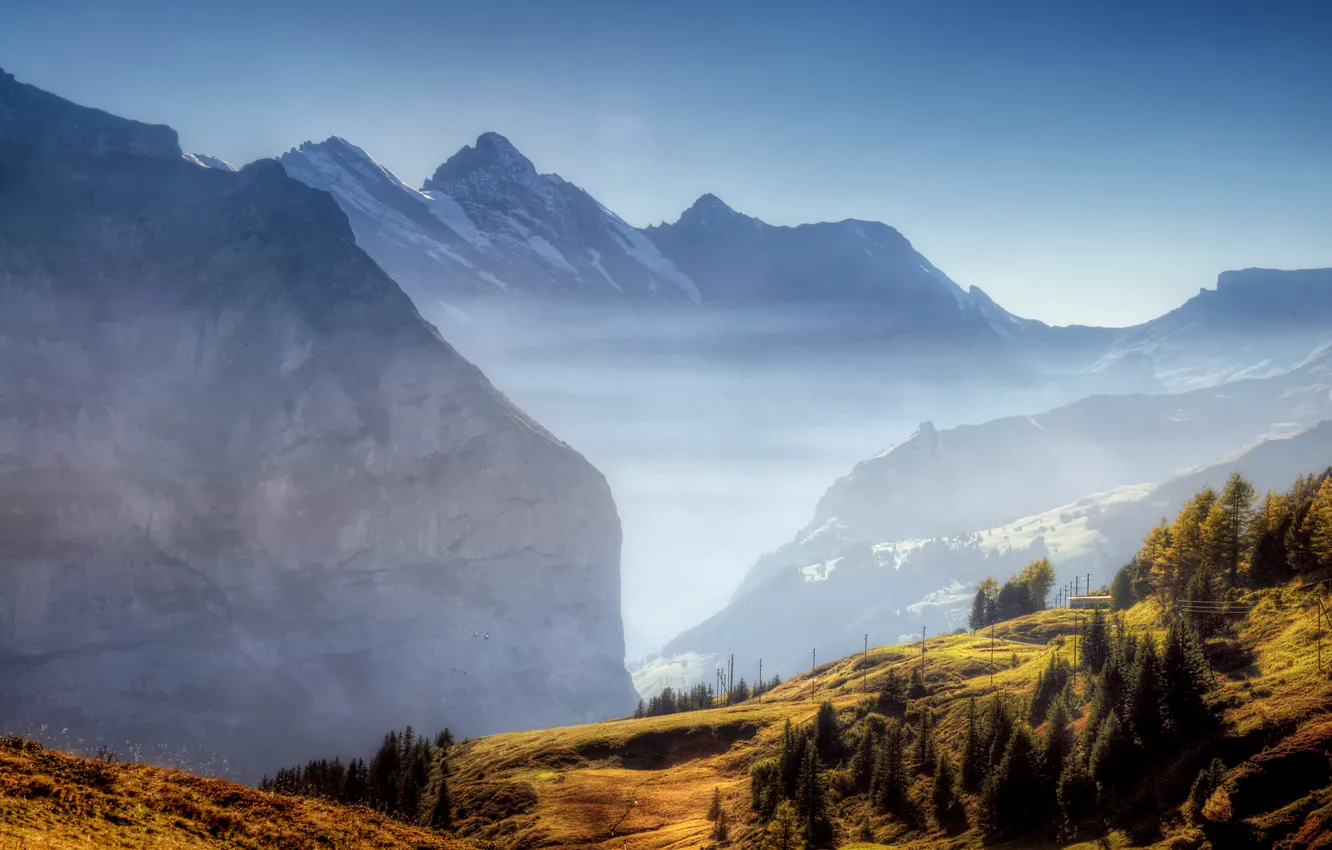 Photo wallpaper mountains, fog, valley