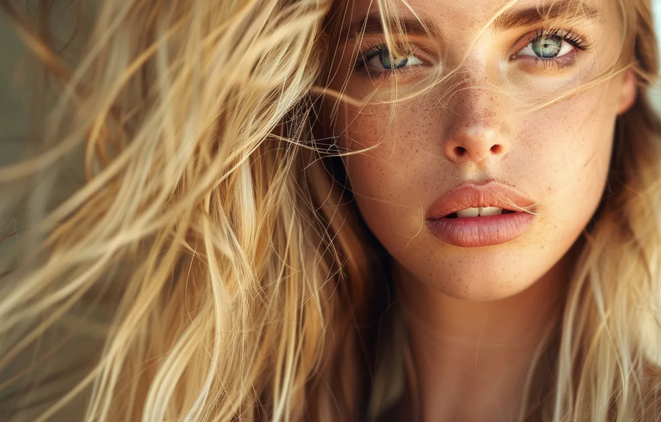 Photo wallpaper look, girl, face, portrait, makeup, blonde, long hair, flowing hair