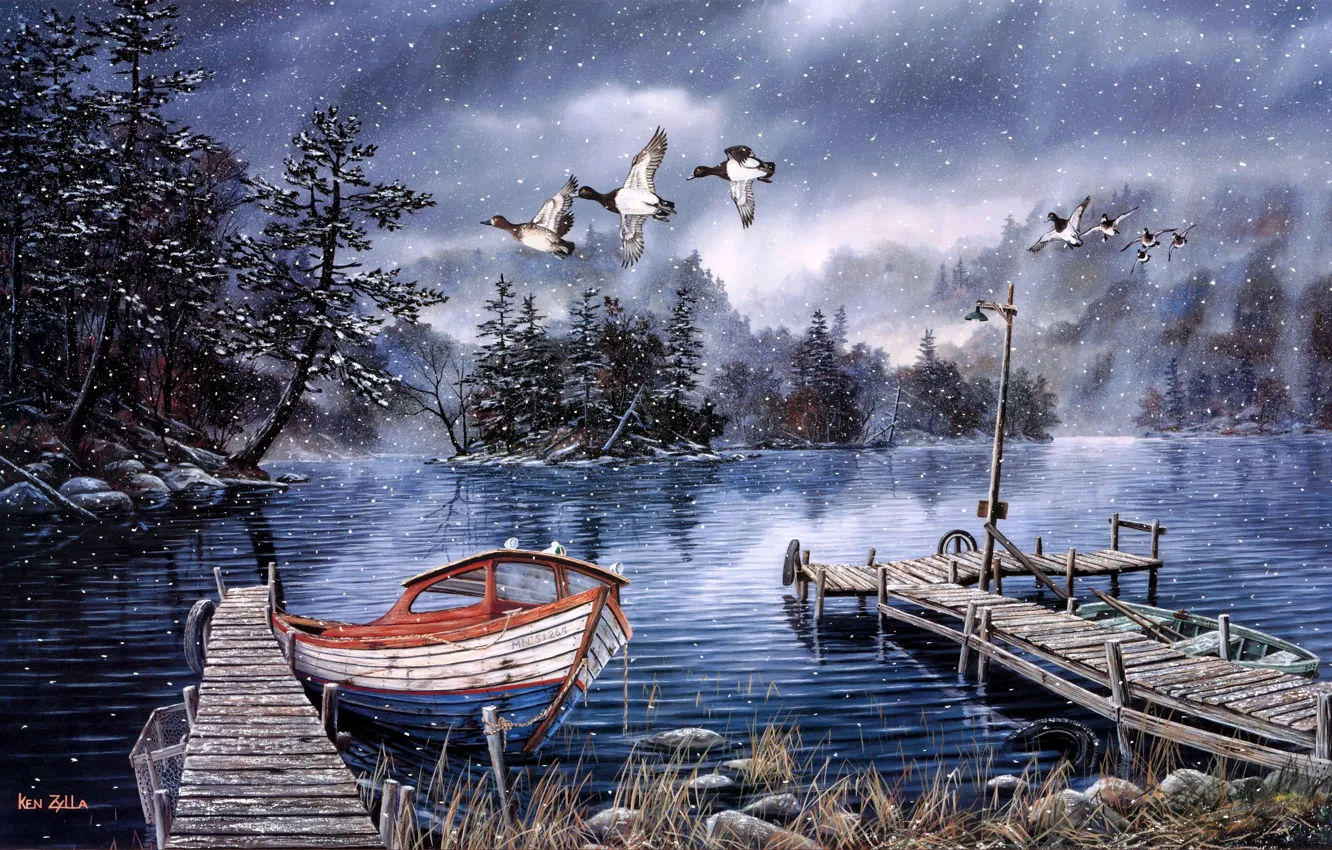 Photo wallpaper lake, boat, duck, pier, boat, lantern, painting, late autumn