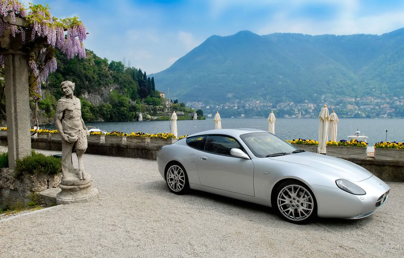 Photo wallpaper sea, mountains, Maserati, statue, Maserati, GS Zagato