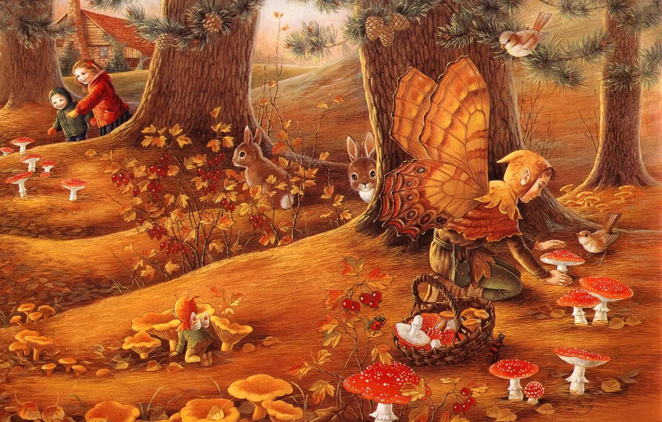 Photo wallpaper mushrooms, rabbits, Amanita
