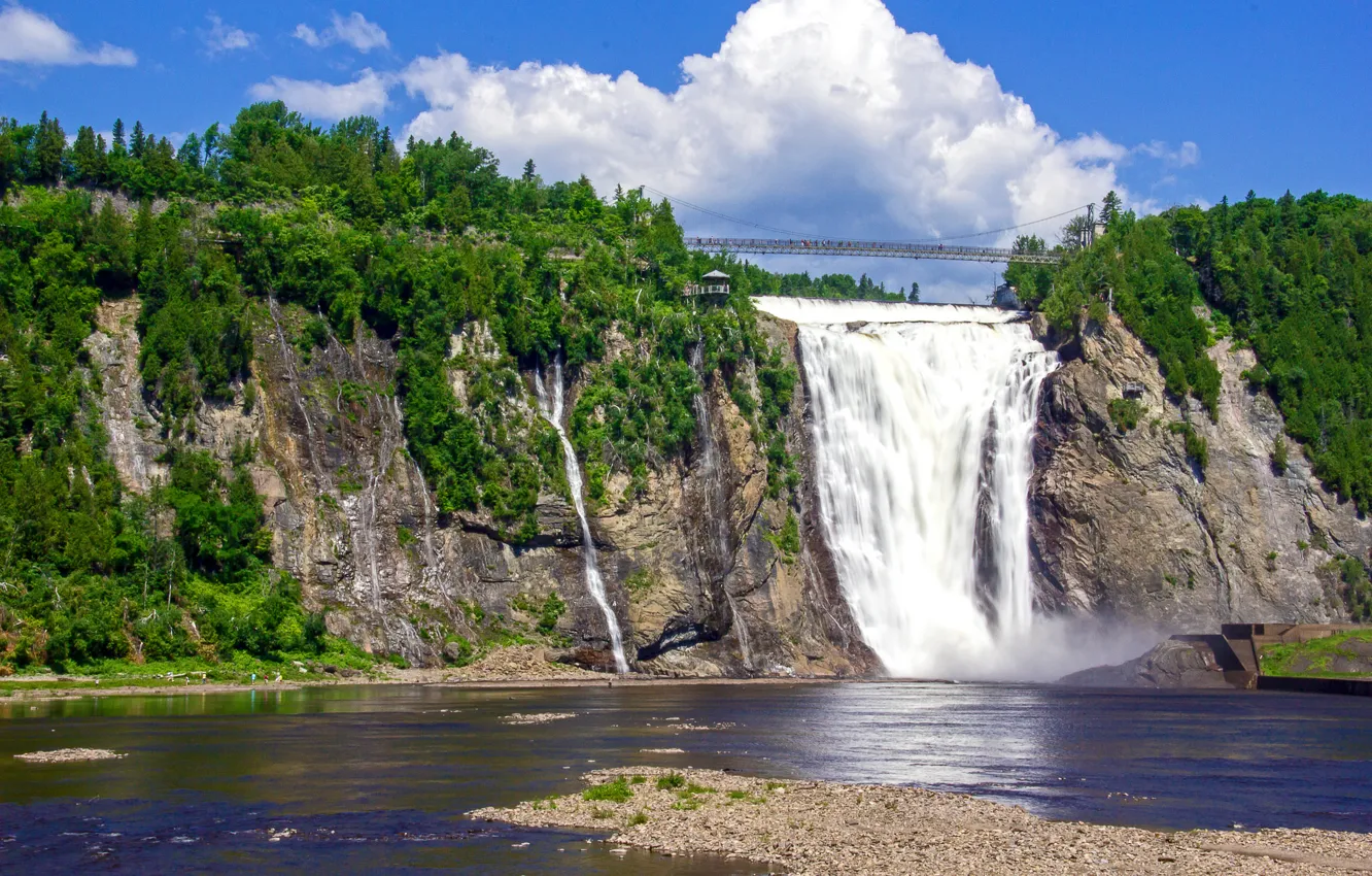Photo wallpaper the sky, trees, bridge, waterfall, stream