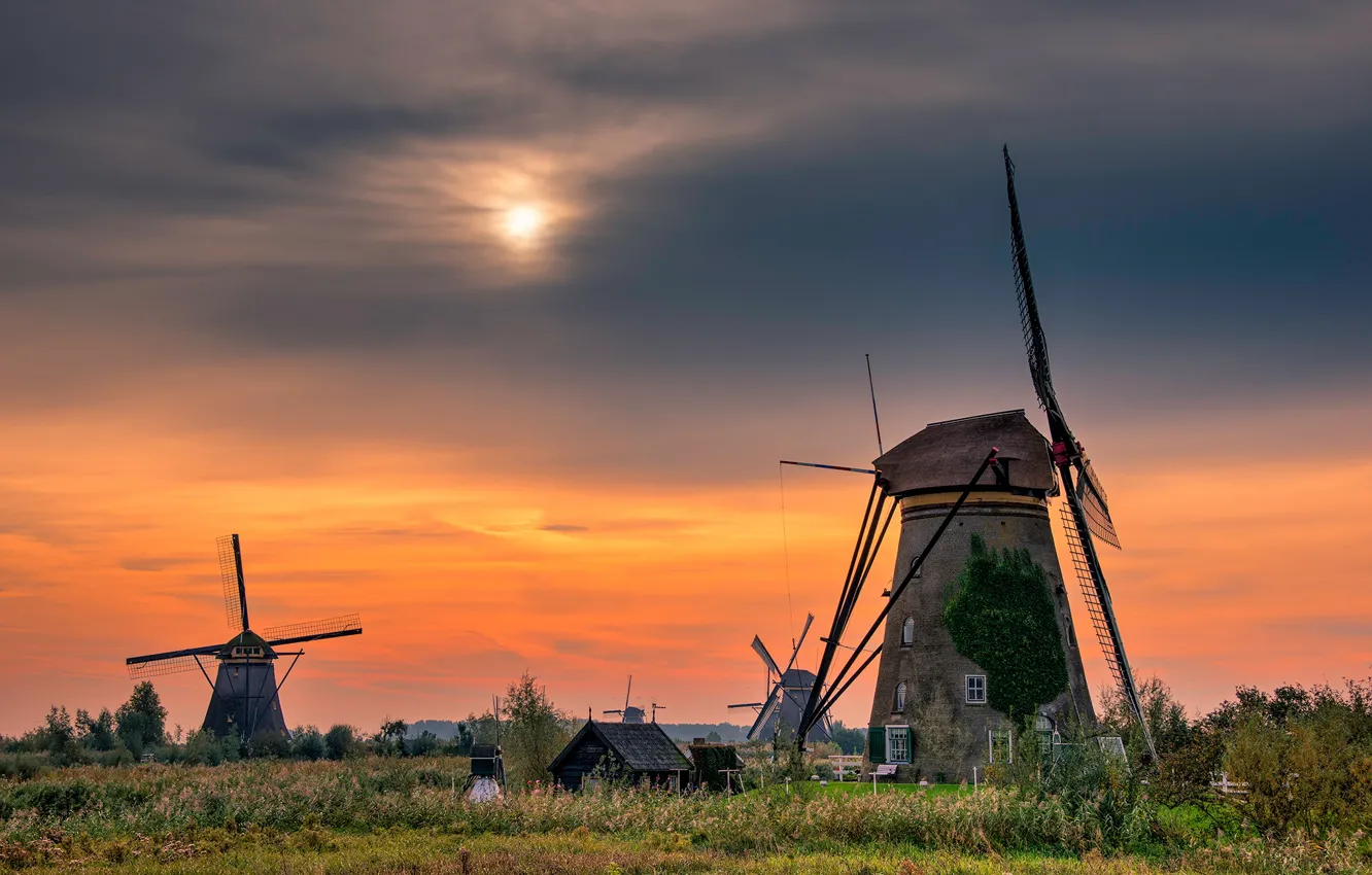 Photo wallpaper the sky, the sun, clouds, sunset, dawn, village, mill, house