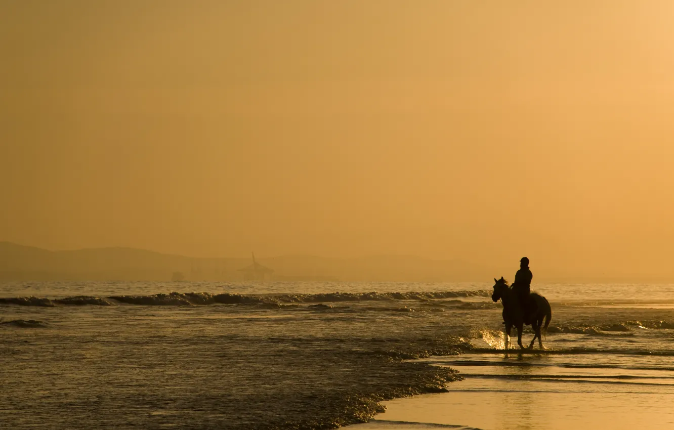 Photo wallpaper sand, sea, animals, water, people, the ocean, horse, shore