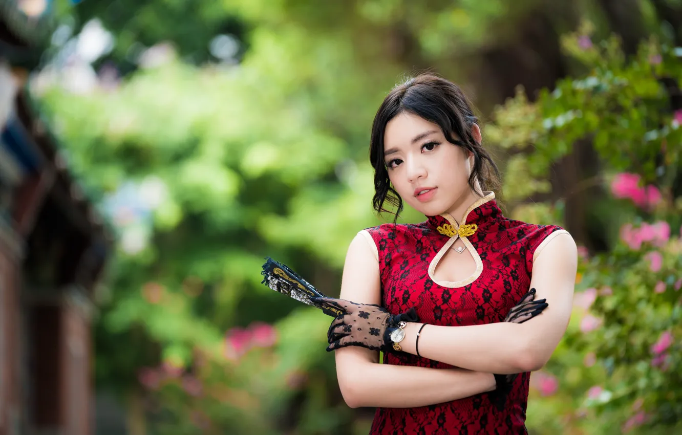 Photo wallpaper look, girl, dress, fan, Asian, bokeh