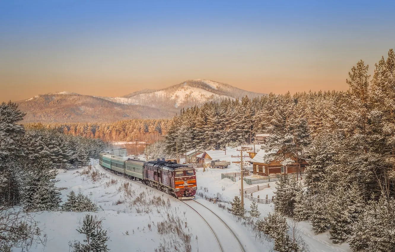 Photo wallpaper winter, forest, the sky, snow, landscape, mountains, train, village