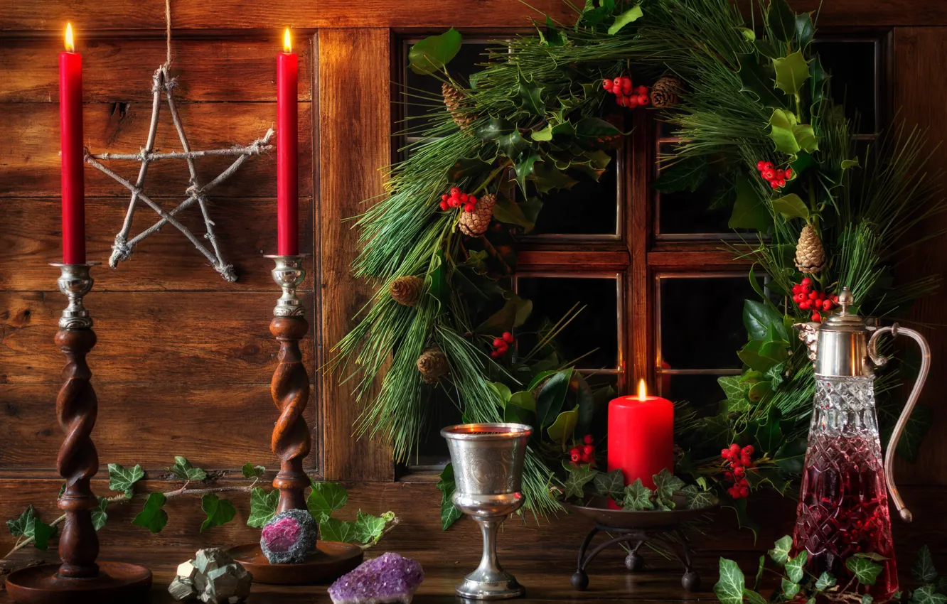 Photo wallpaper star, candles, window, Christmas, New year, wreath, decanter, decoration