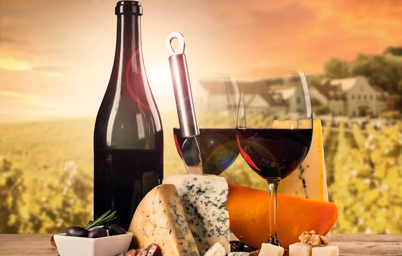 Photo wallpaper landscape, table, background, wine, bottle, cheese, glasses, knife