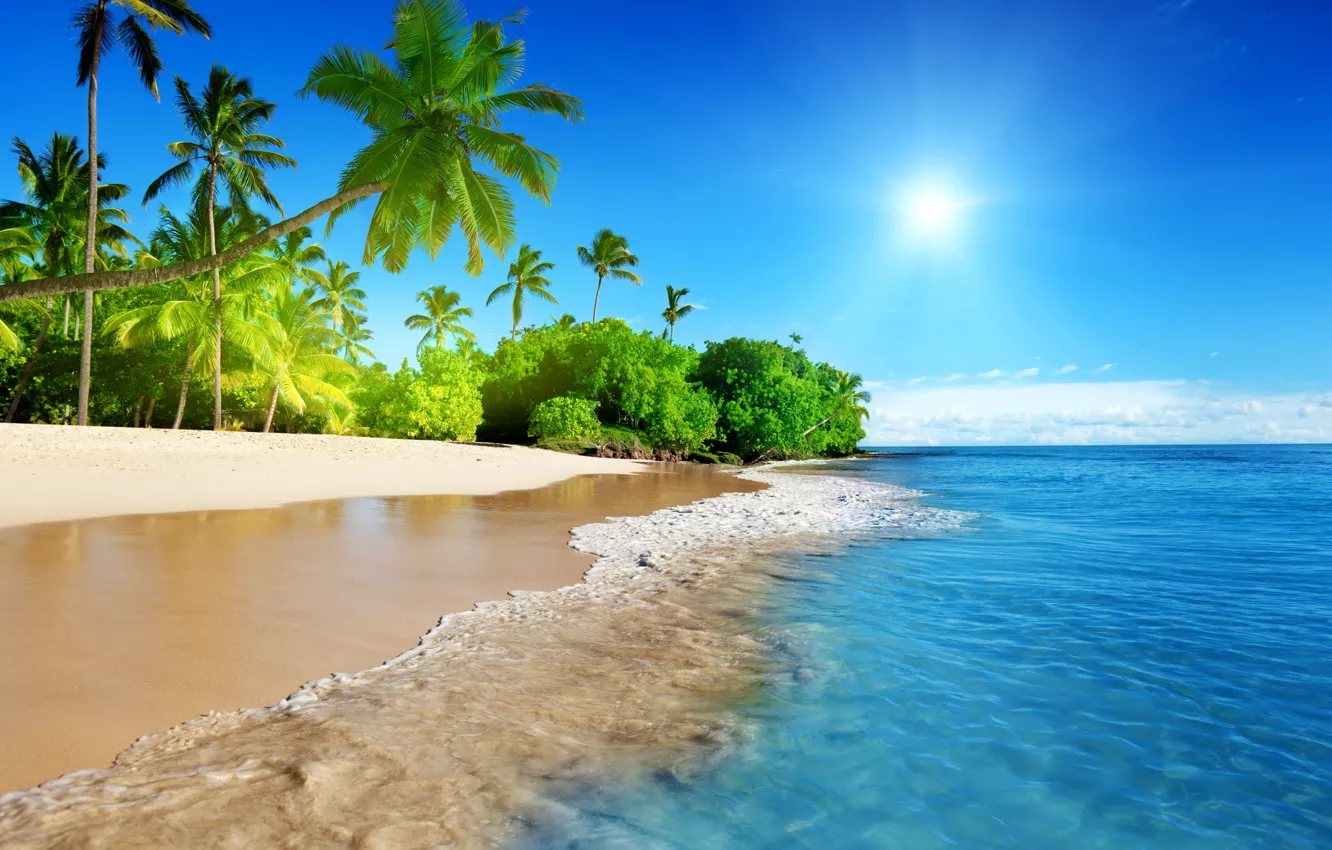 Photo wallpaper sand, sea, beach, the sky, the sun, tropics, the ocean, shore