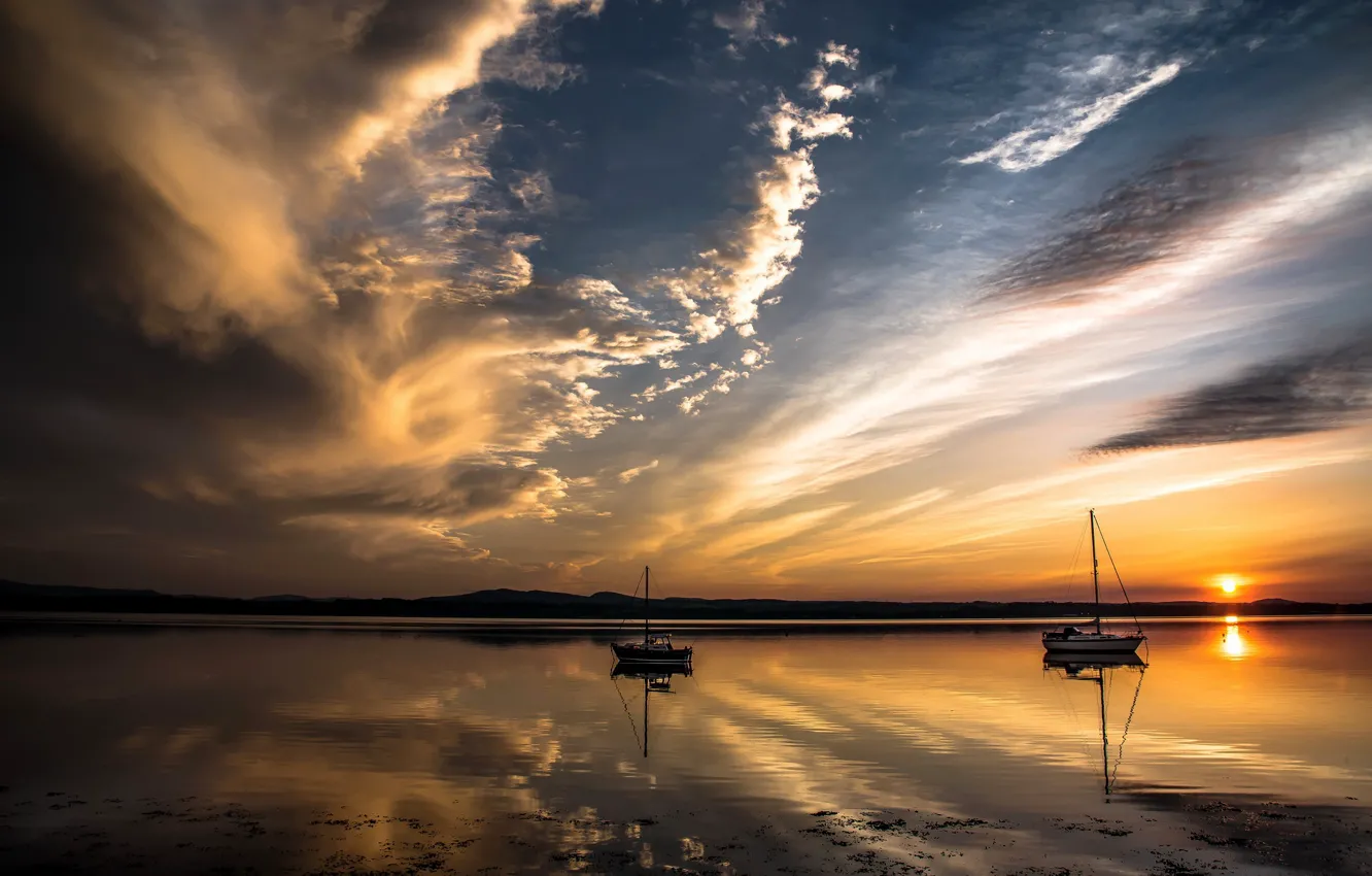 Photo wallpaper sunset, river, boat
