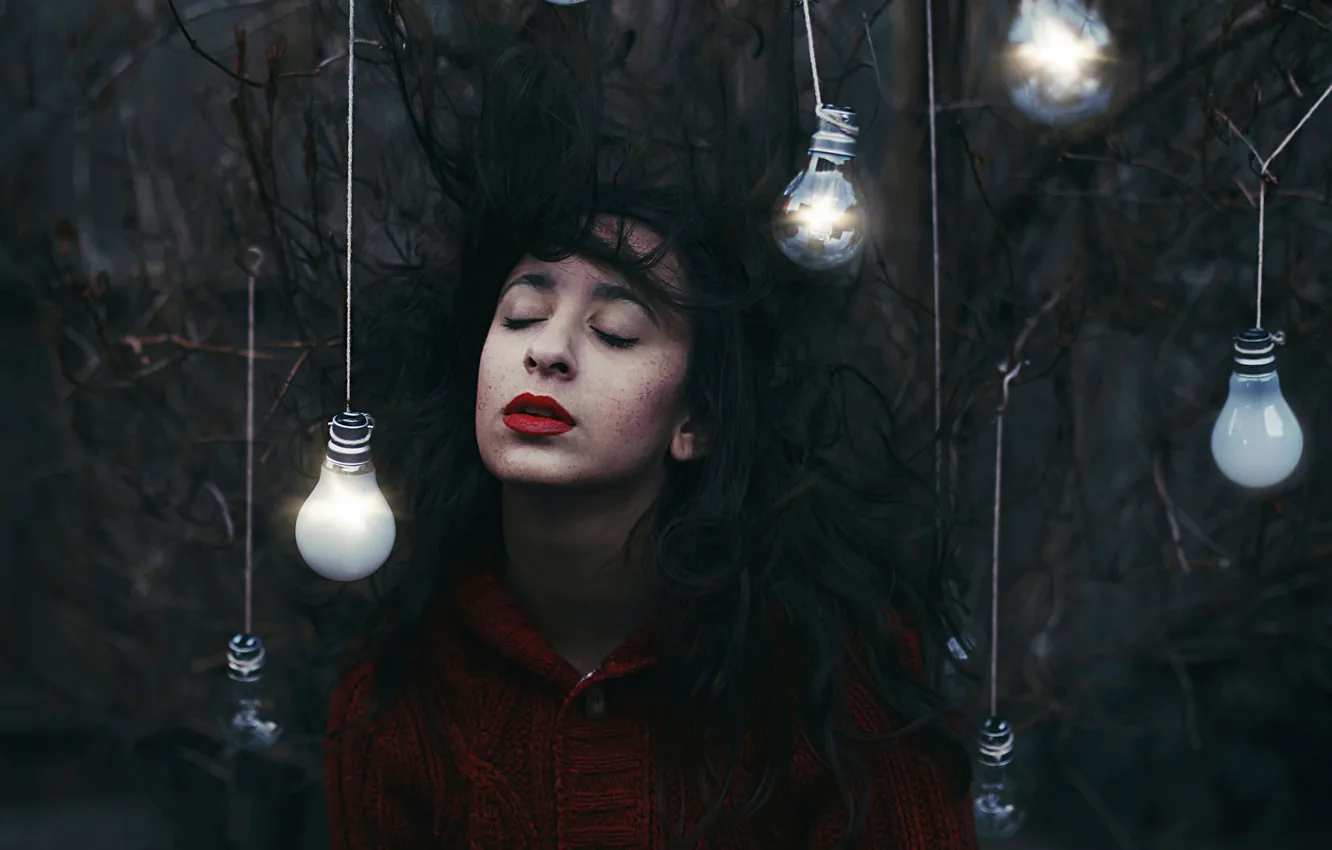 Photo wallpaper forest, girl, hair, light bulb, Amy Spanos
