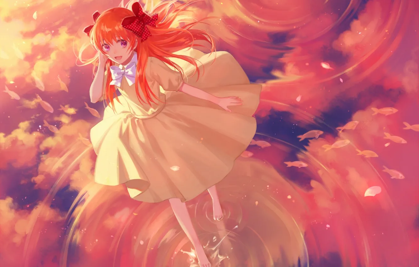 Photo wallpaper the sky, water, girl, clouds, smile, reflection, anime, art