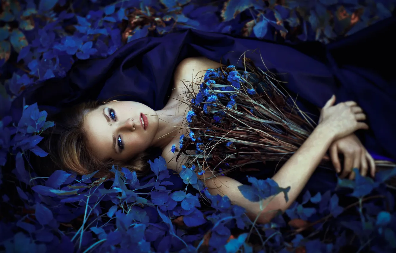 Photo wallpaper look, girl, flowers