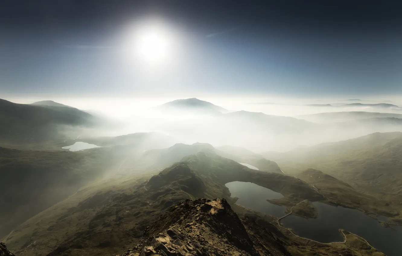 Photo wallpaper the sun, clouds, landscape, mountains, haze