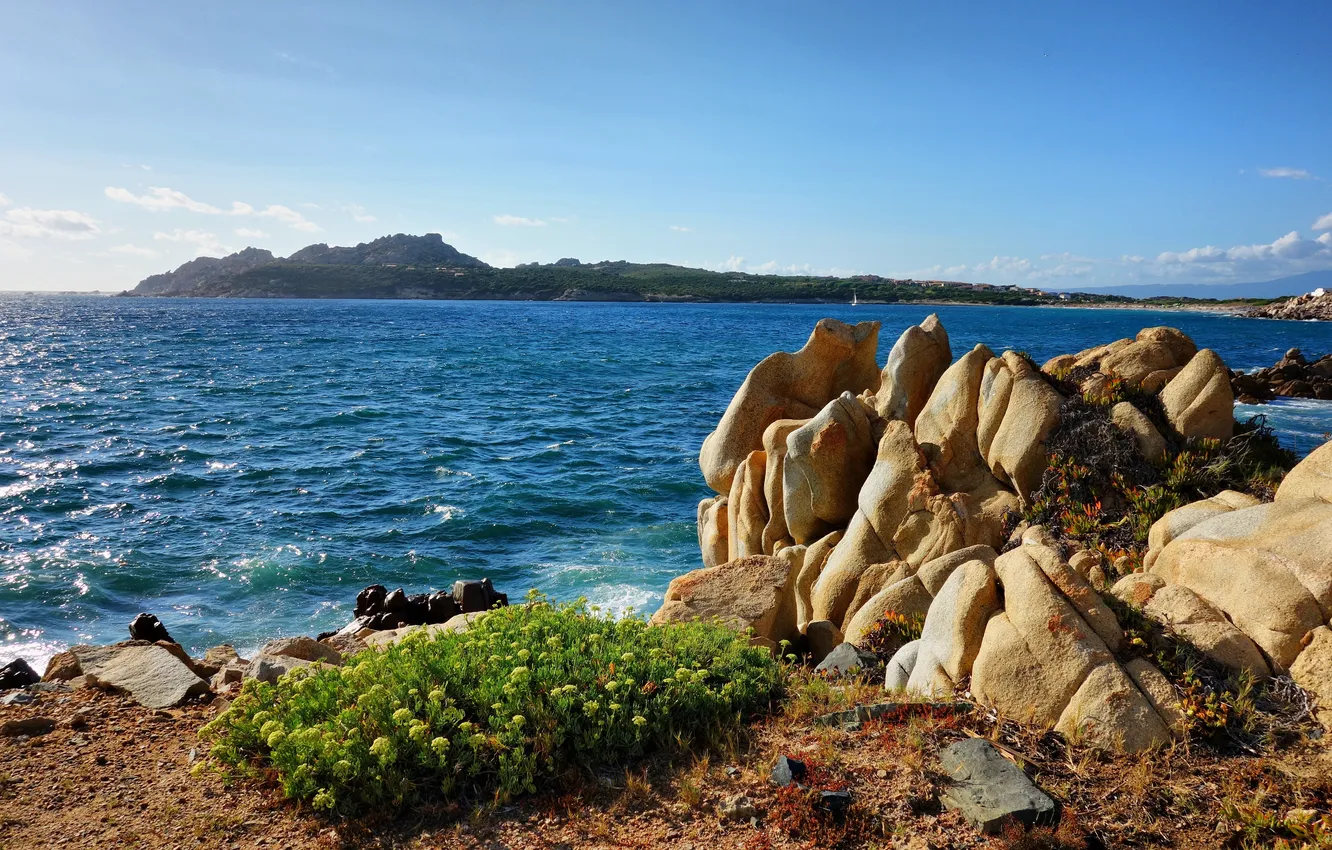 Photo wallpaper wave, grass, rocks, shore, Italy, Sardinia, The Mediterranean sea, Baia Santa Reparata