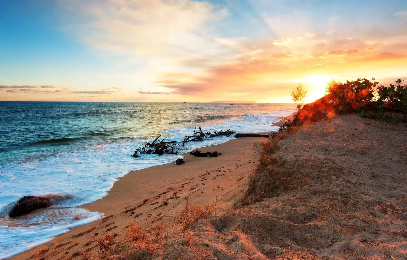 Photo wallpaper sea, landscape, sunset, shore, beach, sea, sunset, Inferno