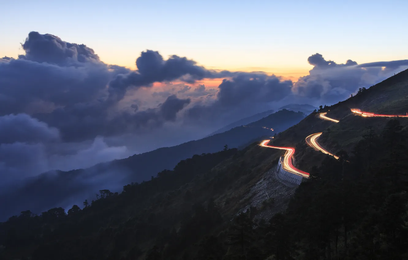 Photo wallpaper road, the sky, clouds, lights, hills, the evening, serpentine