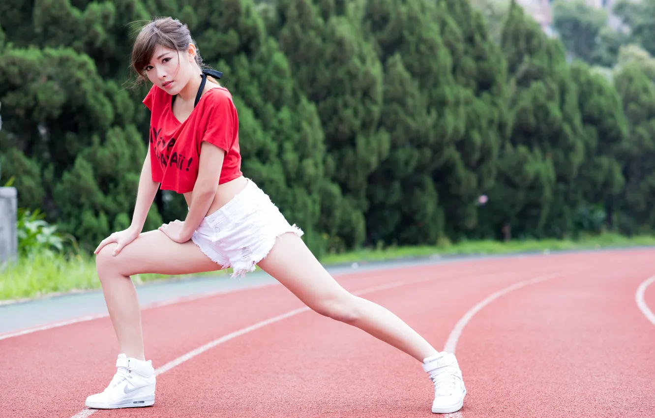 Photo wallpaper look, girl, body, shorts, Asian, treadmill
