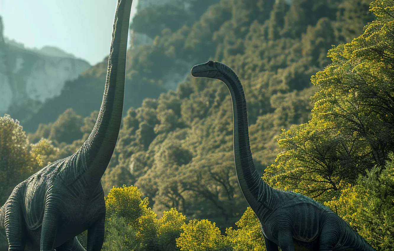 Photo wallpaper water, trees, mountains, river, animal, dinosaur, two, digital art