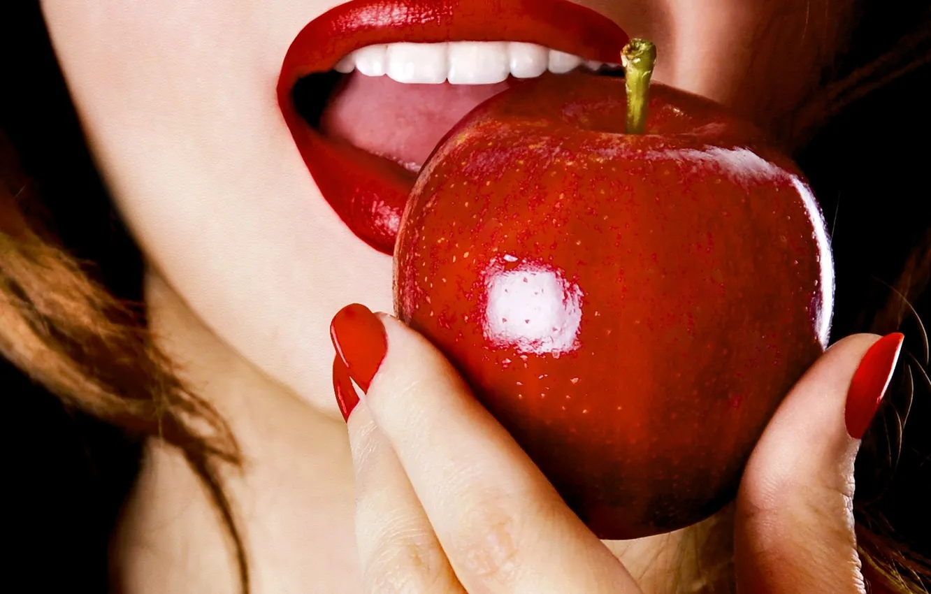 Photo wallpaper girl, face, food, hand, fingers, manicure, red lips, red Apple