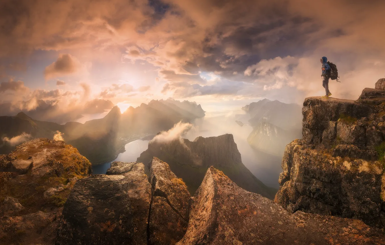 Photo wallpaper the sky, clouds, light, mountains, fog, open, rocks, tops