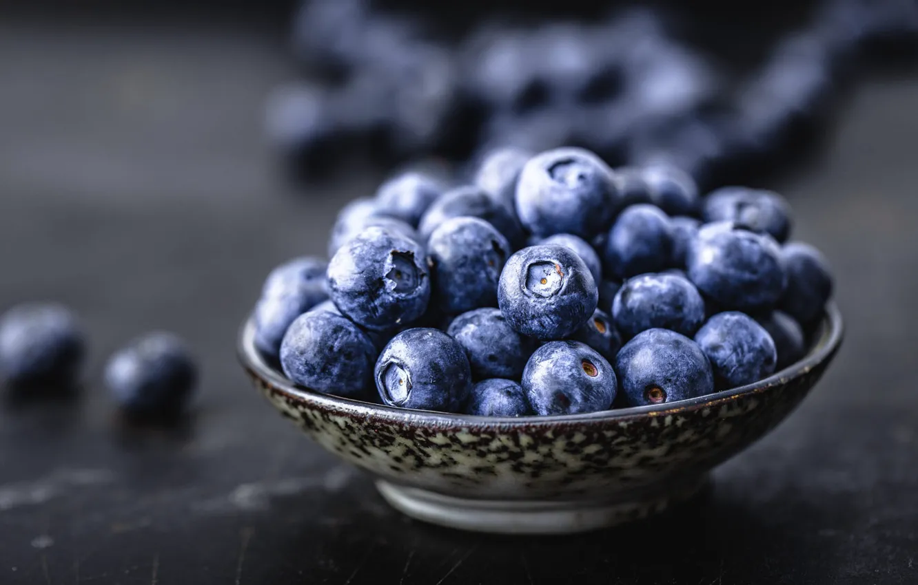 Photo wallpaper berries, the dark background, blueberries, bowl, a lot